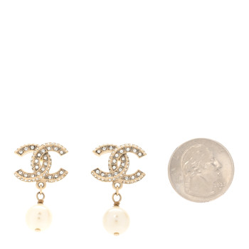 CHANEL Crystal Timeless CC Pearl Drop Earrings Light Gold