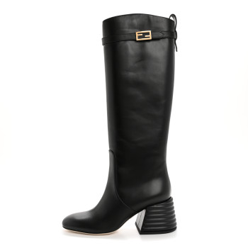 FENDI Calfskin Knee High Promenade Block Heel Boots 36 Black