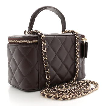 CHANEL Lambskin Quilted Small Top Handle Vanity Case With Chain Dark Brown