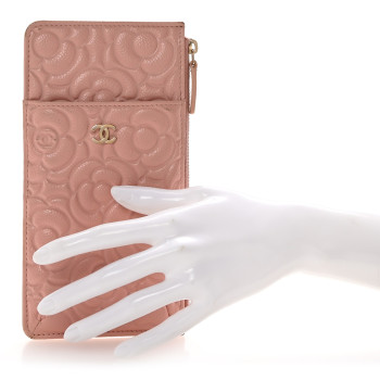 CHANEL Caviar Camellia Embossed Classic Flat Wallet Pouch Pink