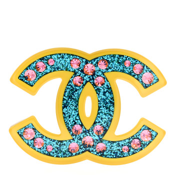 CHANEL Resin Glitter Crystal CC Brooch Yellow Blue
