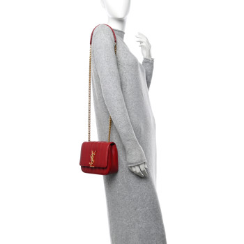 SAINT LAURENT Lambskin Matelasse Monogram Small Vicky Chain Bag Red