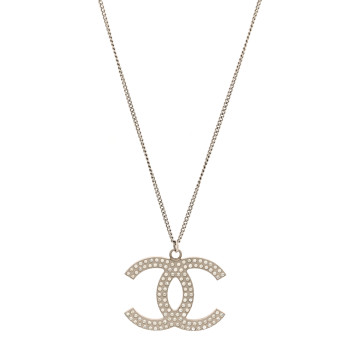 CHANEL Crystal Large CC Pendant Necklace Silver