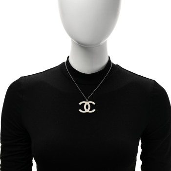 CHANEL Crystal Large CC Pendant Necklace Silver