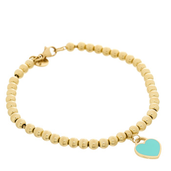 TIFFANY 18K Yellow Gold Enamel 4mm Return To Tiffany Bead Heart Tag Bracelet Blue