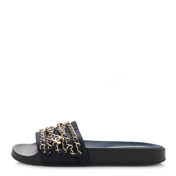 CHANEL Satin Canvas Chain Slides Sandals Flats 38 Marine