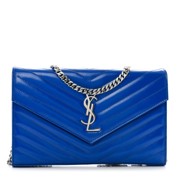 SAINT LAURENT Patent Grain De Poudre Matelasse Chevron Monogram Chain Wallet Blue Majorelle