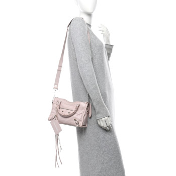 BALENCIAGA Agneau Classic Silver Hardware Mini City Logo Strap Light Rose White