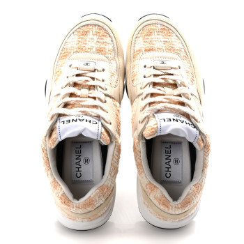 CHANEL Tweed Suede Calfskin Womens CC Sneakers 35.5 Orange