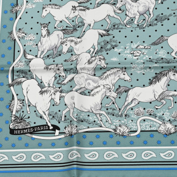 HERMES Silk Les Mustangs Bandana 55 Vert De Gris Bleu