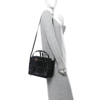 SALVATORE FERRAGAMO Calfskin Suede Patchwork Double Handle Small Amy Tote Black