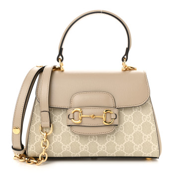 GUCCI GG Supreme Monogram Azalea Calfskin Mini Horsebit 1955 Top Handle Flap Bag Beige Mystic White Oatmeal