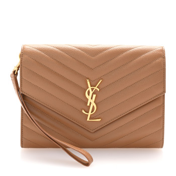 SAINT LAURENT Grain De Poudre Matelasse Chevron Monogram Cassandre Flap Pouch Natural Dark