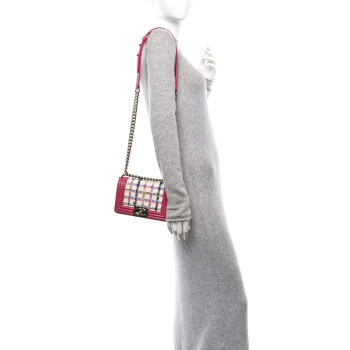 CHANEL Lambskin Tweed Quilted Small Boy Flap Dark Pink