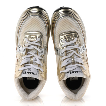 CHANEL Fabric Laminated Calfskin Stretch CC Sneakers 38.5 White Gold Silver