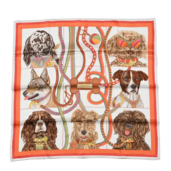 HERMES Silk Jour De Casting Scarf 70 White Orange Brun