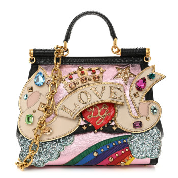 DOLCE & GABBANA Metallic Calfskin Snakeskin Iguana Embossed Crystal Patch Dauphine Love Miss Sicily Satchel Black Multicolor