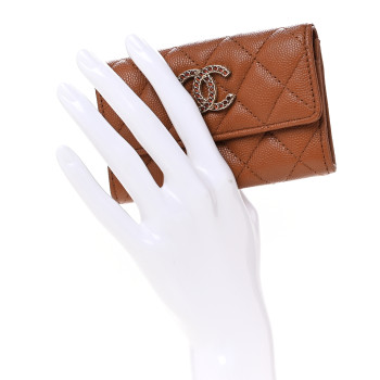 CHANEL Shiny Caviar Quilted Strass CC Flap Card Holder Brown