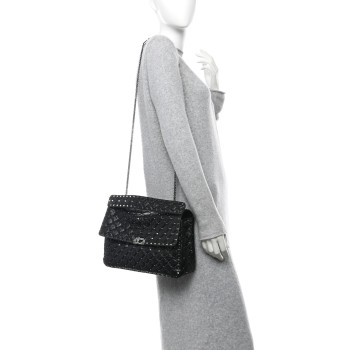 VALENTINO GARAVANI Craquele Nappa Large Rockstud Spike Shoulder Bag Black