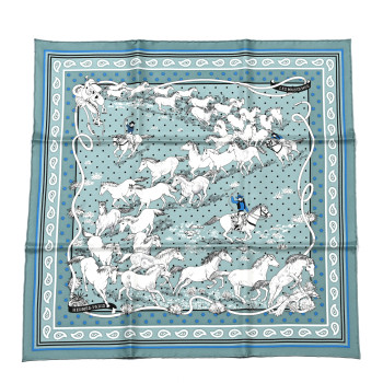HERMES Silk Les Mustangs Bandana 55 Vert De Gris Bleu