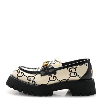 GUCCI Azalea Calfskin GG Monogram Bi-Color Debossed Womens Harald Horsebit 25mm Platform Loafers 36 Mystic White Black