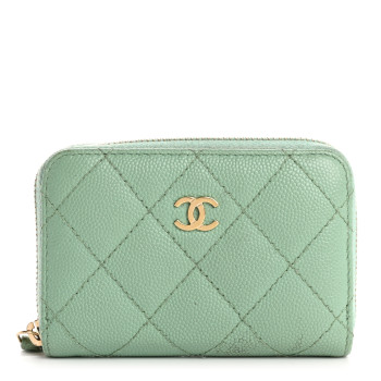 CHANEL Caviar Quilted Zip Coin Purse Light Green