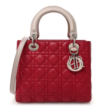 CHRISTIAN DIOR Lambskin Cannage Medium Bi-Color Lady Dior Coral Beige