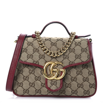 GUCCI Monogram Glazed Calfskin Matelasse Diagonal Mini GG Marmont Top Handle Shoulder Bag Beige Ebony New Cherry Red