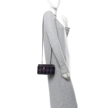 CHANEL Tweed Quilted Small Vanity Case With Chain Black Purple Green Red