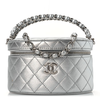 CHANEL Metallic Calfskin Quilted Fancy Box Vanity Case With Chain Silver