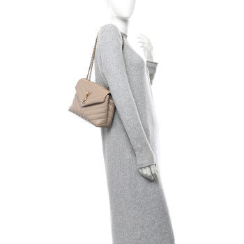 SAINT LAURENT Calfskin Y Quilted Monogram Small Loulou Chain Satchel Dark Beige