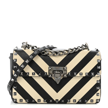 VALENTINO GARAVANI Vitello Chevron Medium Rockstud Flip Lock Crossbody Bag Light Ivory Black