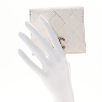 CHANEL Caviar Metal Perforated Quilted CC Compact Bi-Fold Flap Wallet White Pink