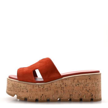 HERMES Suede Goatskin Cork Eze 30 Sandals 37 Orange Brulee