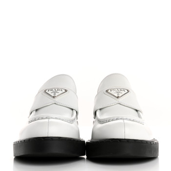 PRADA Brushed Calfskin Metal Triangle Logo 20mm Loafers 39.5 White