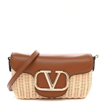 VALENTINO GARAVANI Wicker Calfskin Vlogo Small Loco Shoulder Bag Natural
