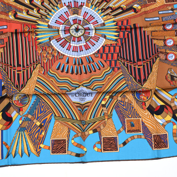 HERMES Silk Point D'Orgue Scarf 90 Bleu Azur Marron Juane D'or