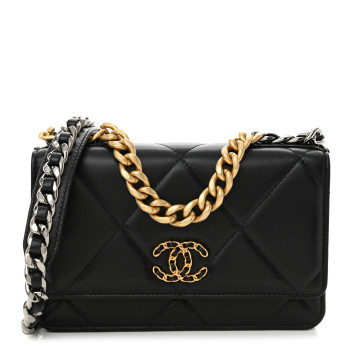 CHANEL Lambskin Quilted Chanel 19 Wallet On Chain WOC Black