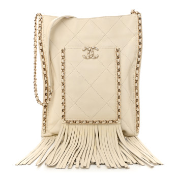CHANEL Calfskin Quilted Fringe Small Shopping Bag White
