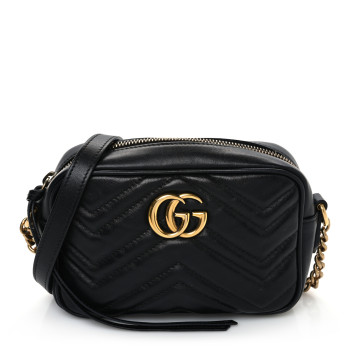 GUCCI Calfskin Matelasse Mini GG Marmont Chain Shoulder Bag Black