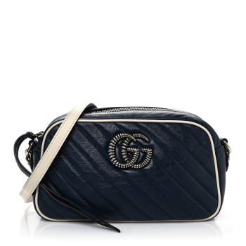 GUCCI Vintage Effect Calfskin Matelasse Diagonal Small Torchon GG Marmont Chain Shoulder Bag Blue Agata Mystic White