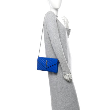 SAINT LAURENT Patent Grain De Poudre Matelasse Chevron Monogram Chain Wallet Blue Majorelle