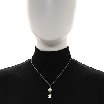 CHANEL Pearl Crystal CC Pendant Necklace Silver