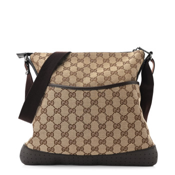 GUCCI Monogram Calfskin Perforated Medium Flat Messenger Bag Dark Brown