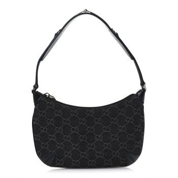 GUCCI Jacquard Black Denim GG Monogram Horsebit Slim Small Shoulder Bag Black Grey