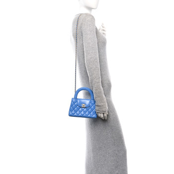 CHANEL Shiny Aged Calfskin Quilted Nano Kelly Shopper Blue