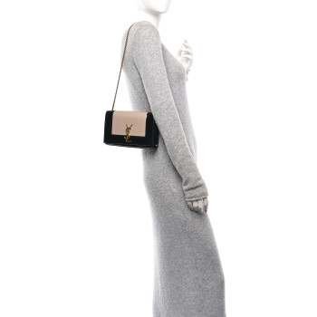 SAINT LAURENT Nappa Patent Calfskin Two-Toned Small Monogram Kate Satchel White Seal