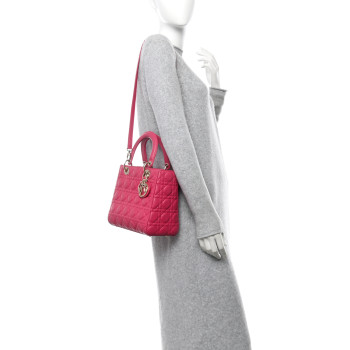 CHRISTIAN DIOR Lambskin Cannage Medium Lady Dior Fuchsia