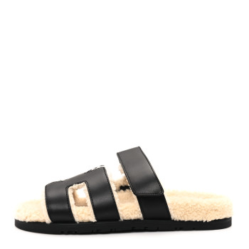 HERMES Calfskin Woolskin Womens Chypre Sandals 38 Black Ecru
