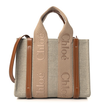 CHLOE Linen Calfskin Small Woody Ribbon Tote With Strap Soft Tan